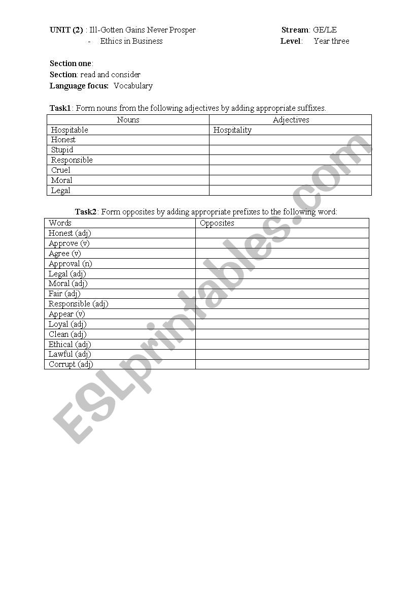 vocabulary worksheet