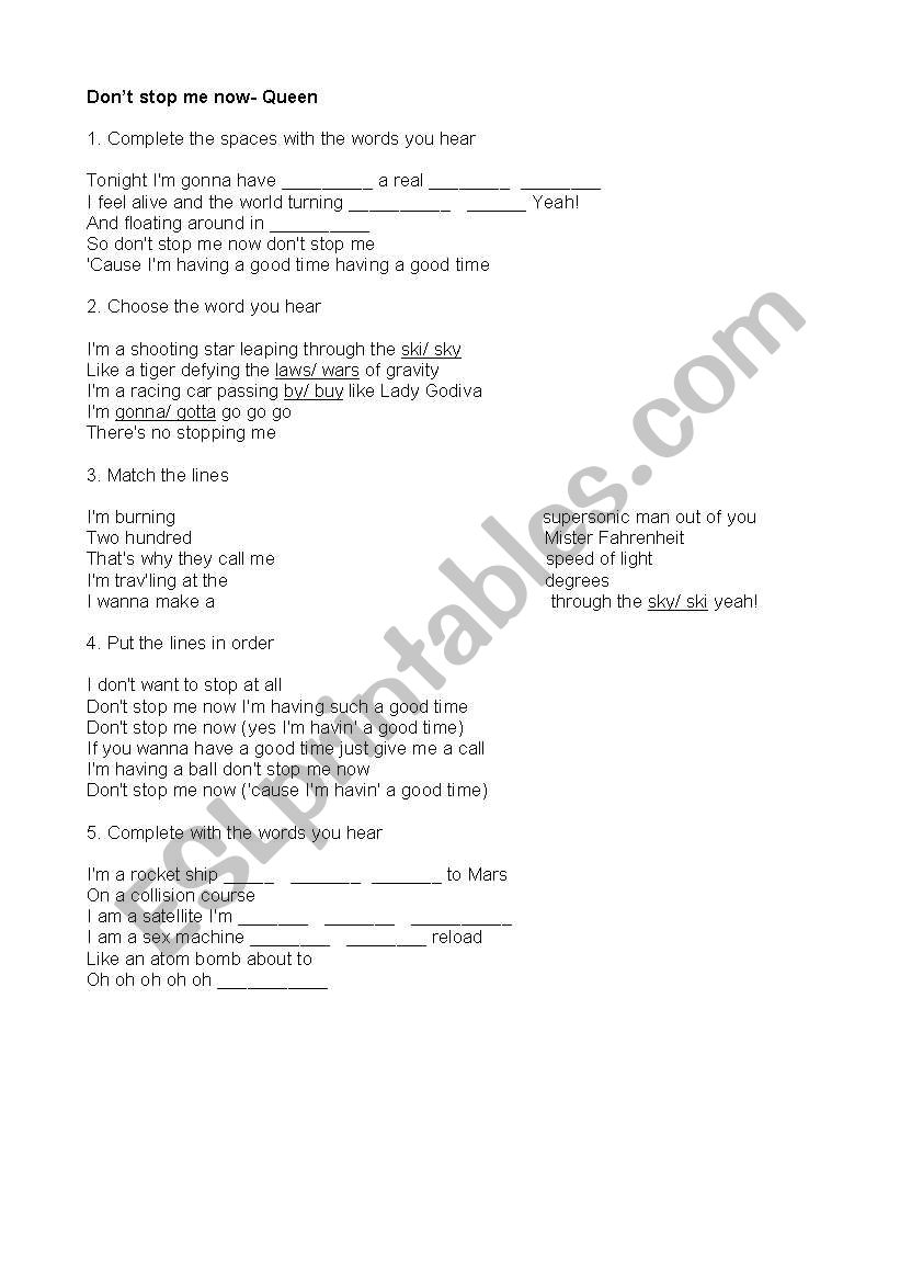 DON´T STOP ME NOW- QUEEN - ESL worksheet by m_flor_n