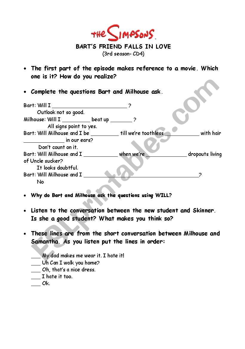 BARTS FRIEND FALLS IN LOVE worksheet