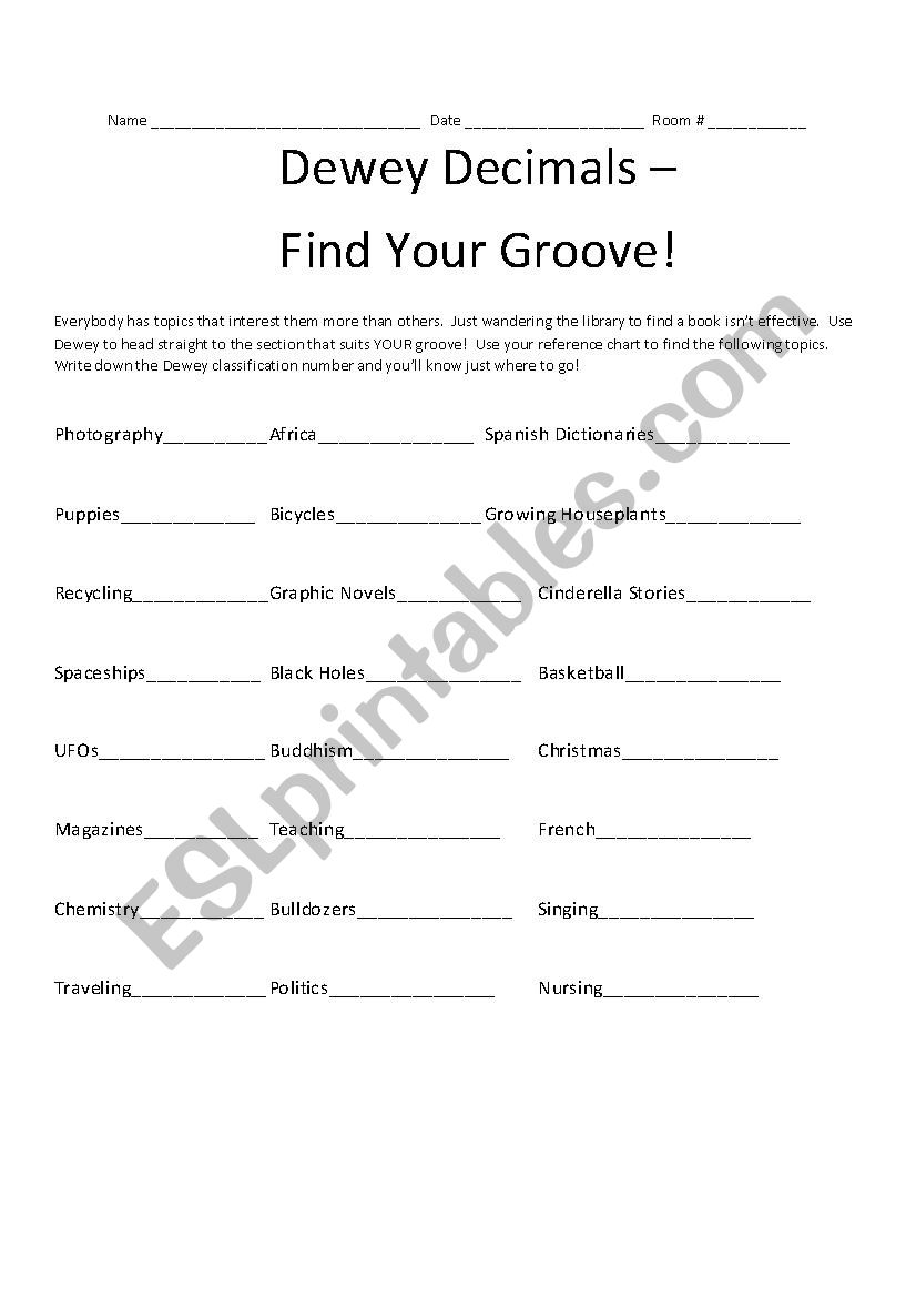 Dewey - Find Your Groove worksheet