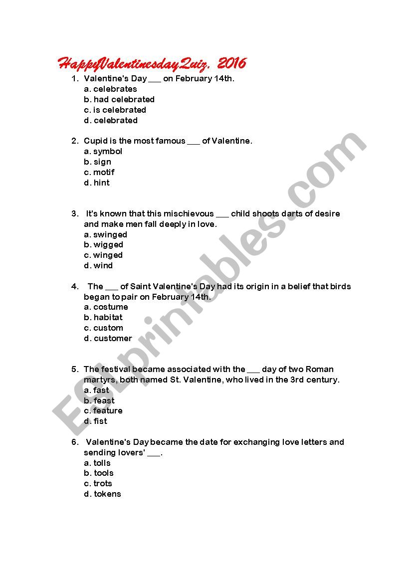 Valentines Day Quiz worksheet