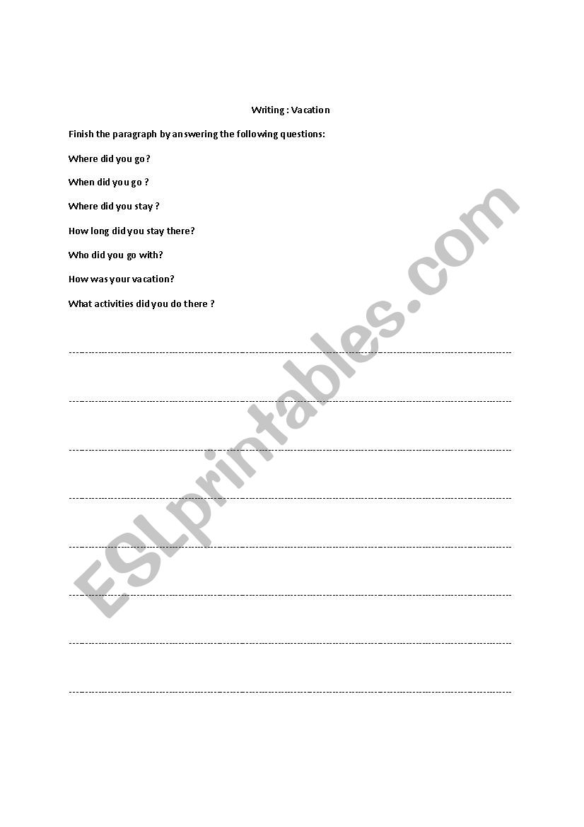 writing : vacation worksheet