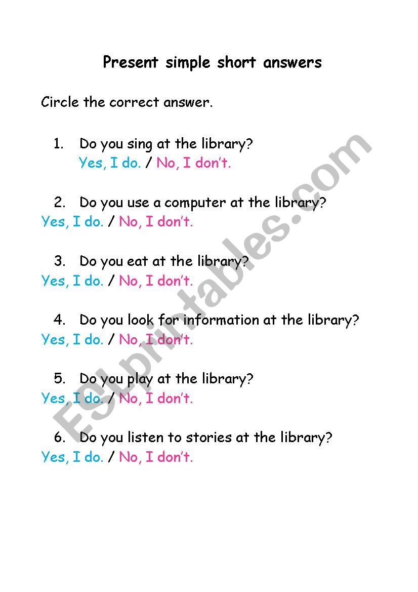 Present simple short answers worksheet