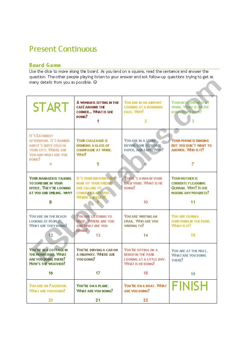 Present Continuous Board Game Esl Worksheet By Allieghita