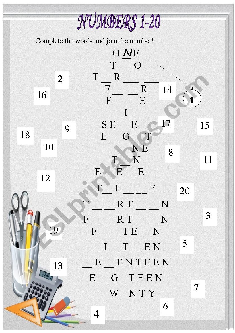 numbers 1 20 spelling esl worksheet by oksandriyash