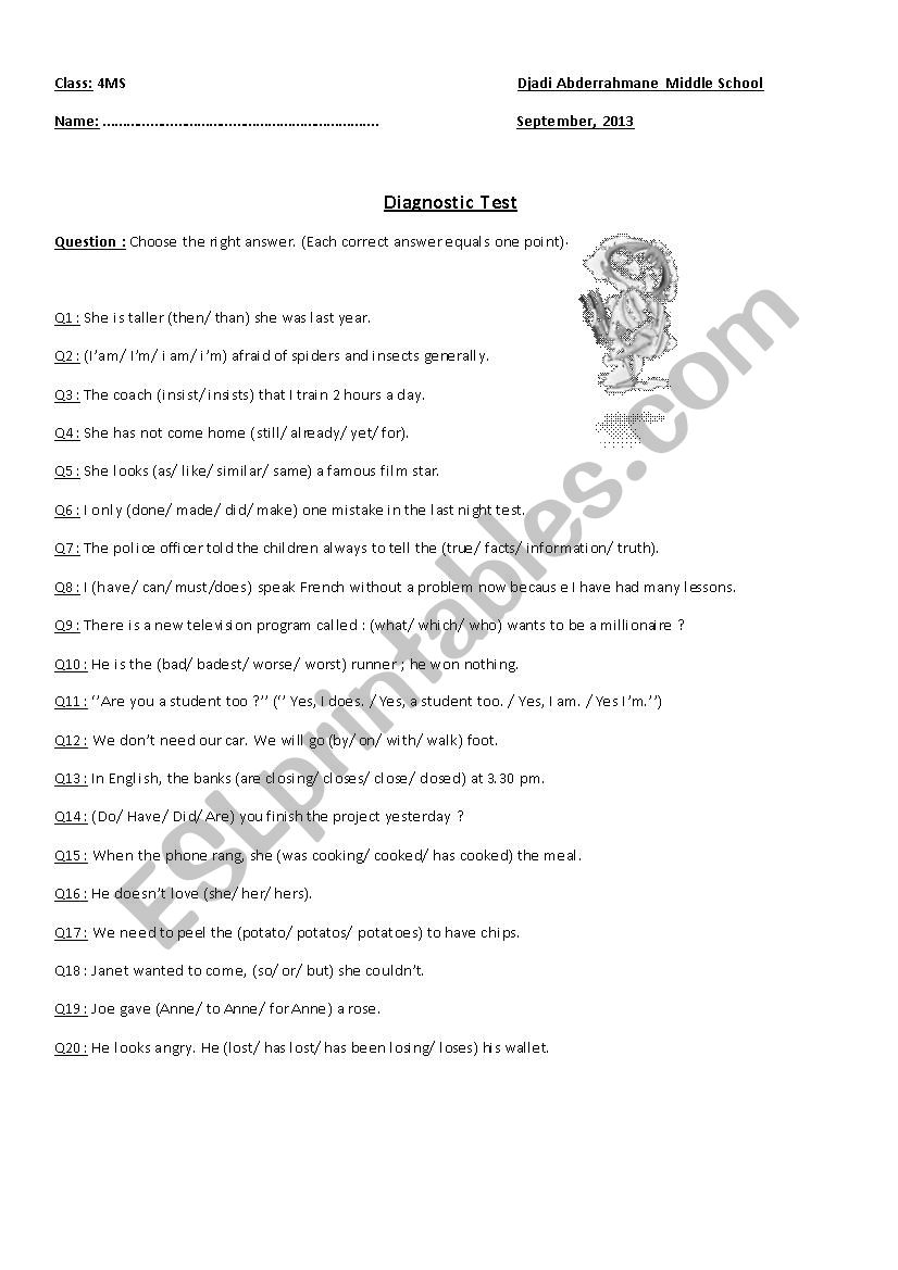 A diagnostic test worksheet