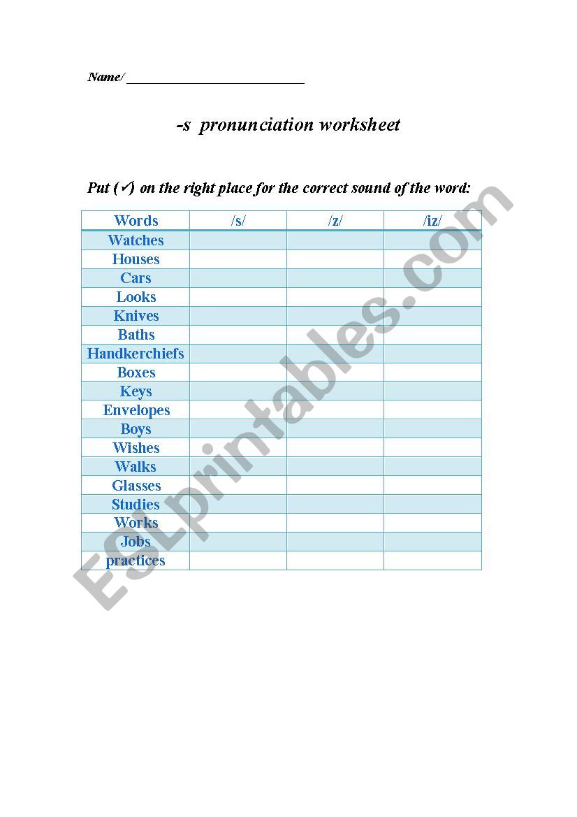 worksheet for -s pronunciation