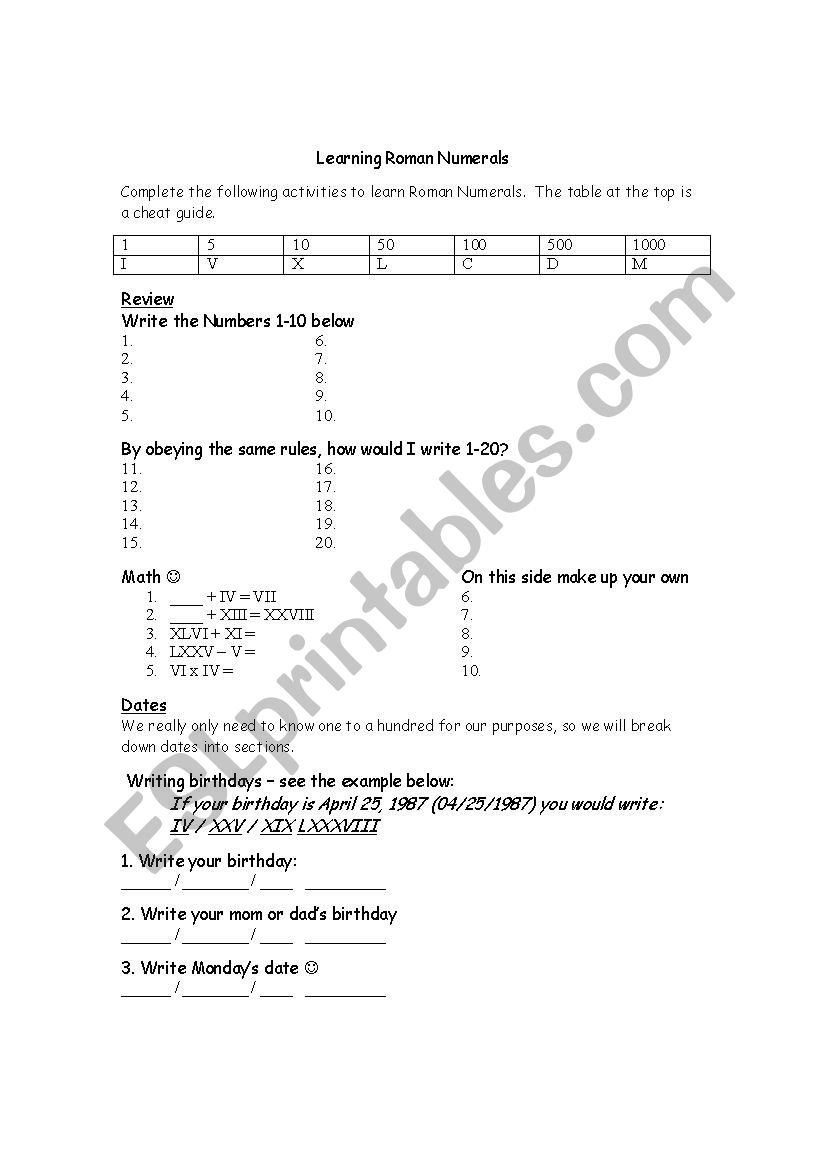 Roman numbers worksheet