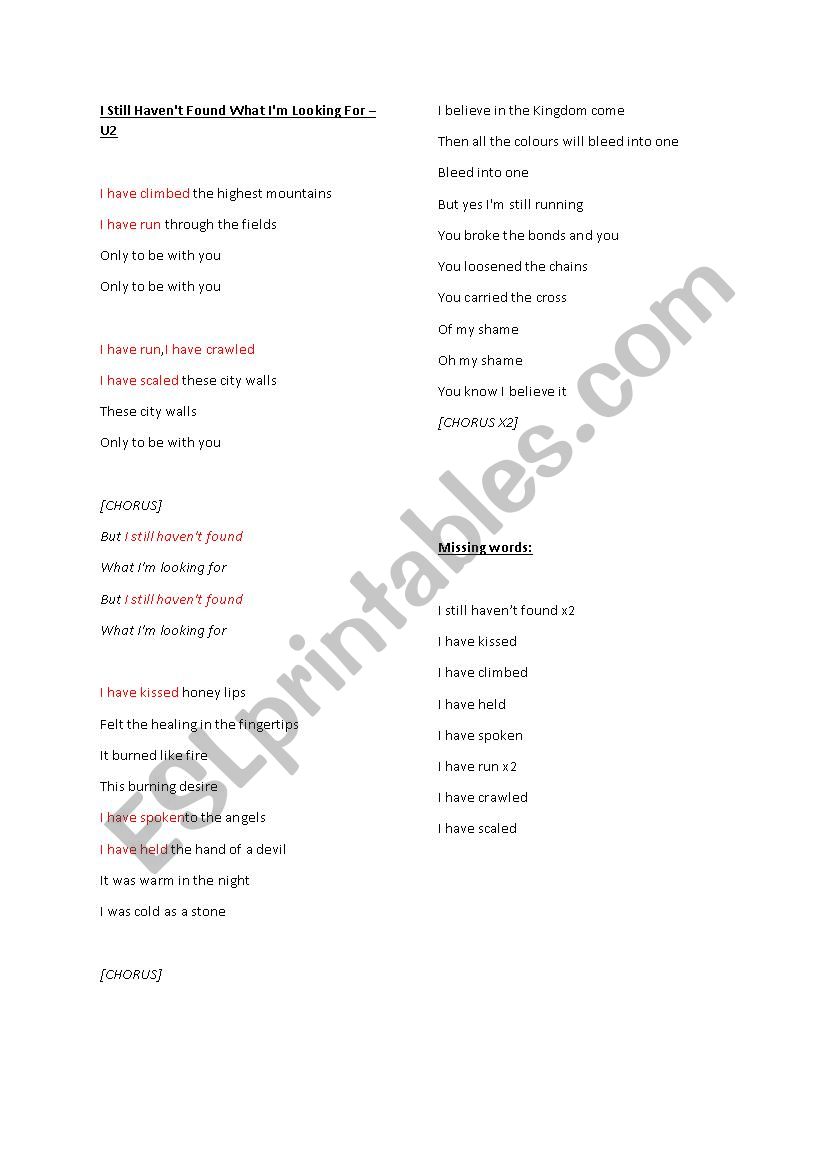 Present Perfect U2 Still Haven T Found What I M Looking For Lyrics Esl Worksheet By Shivvers