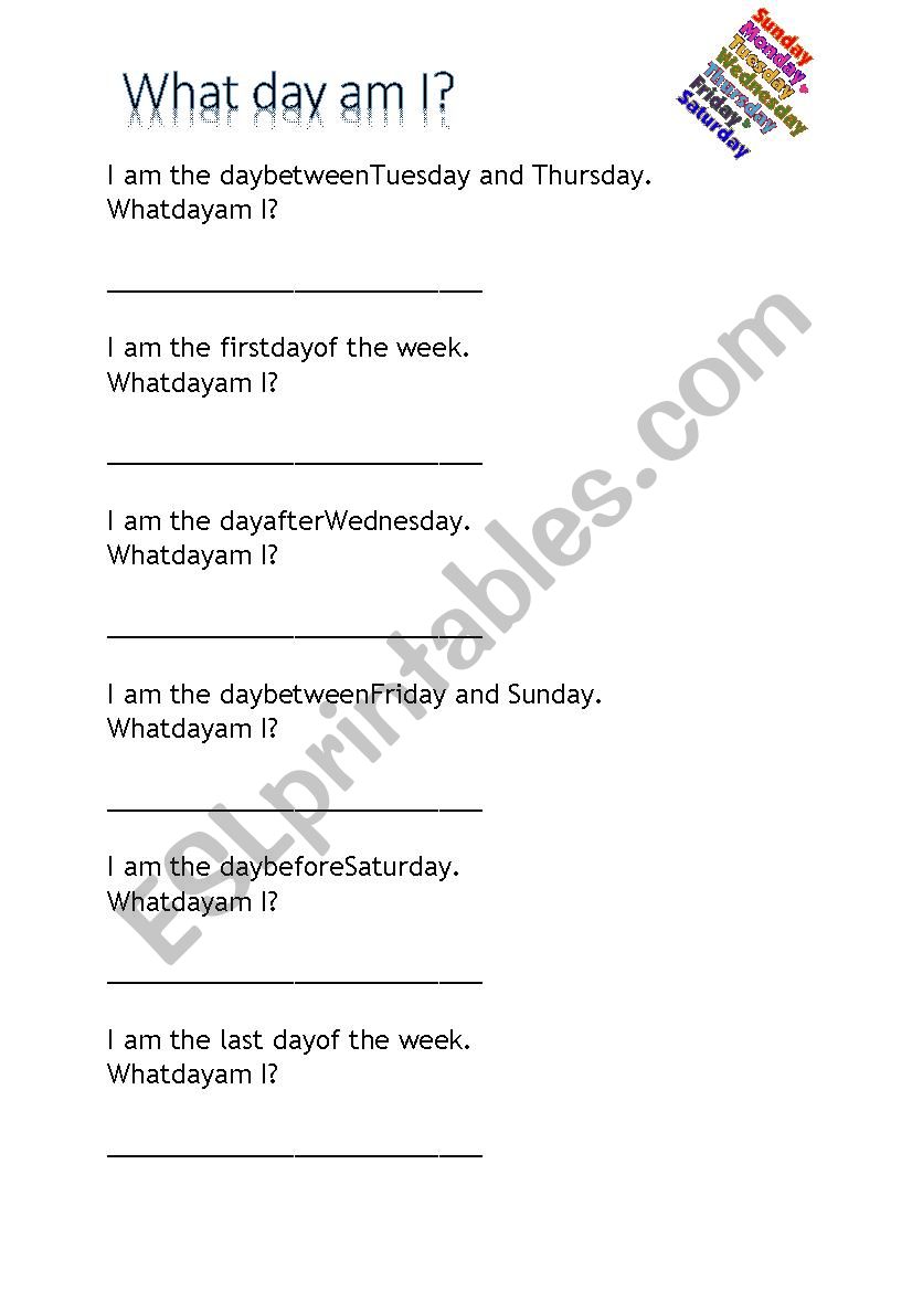 What day am I? worksheet
