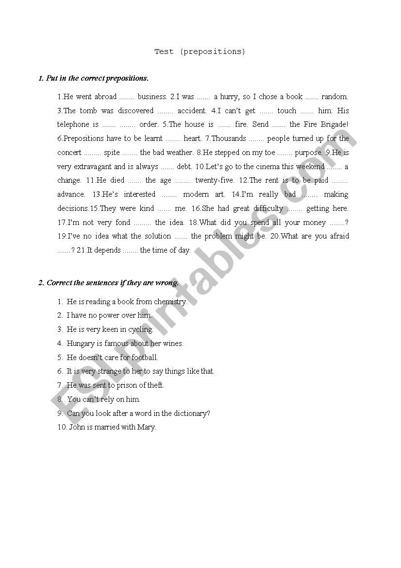 Prepositions worksheet