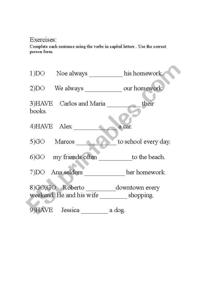 Have or Has /Go or Goes worksheet