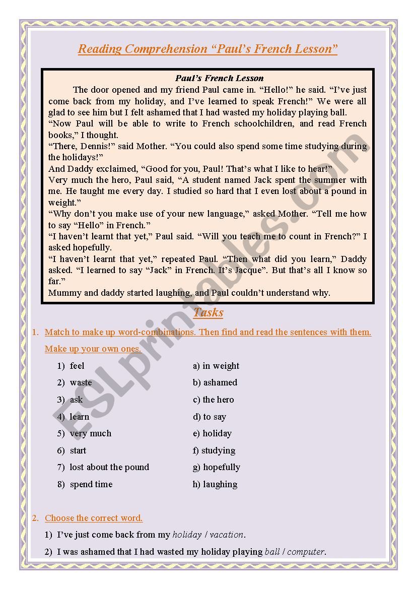 Reading Comprehension "Paul´s French Lesson" - ESL worksheet by