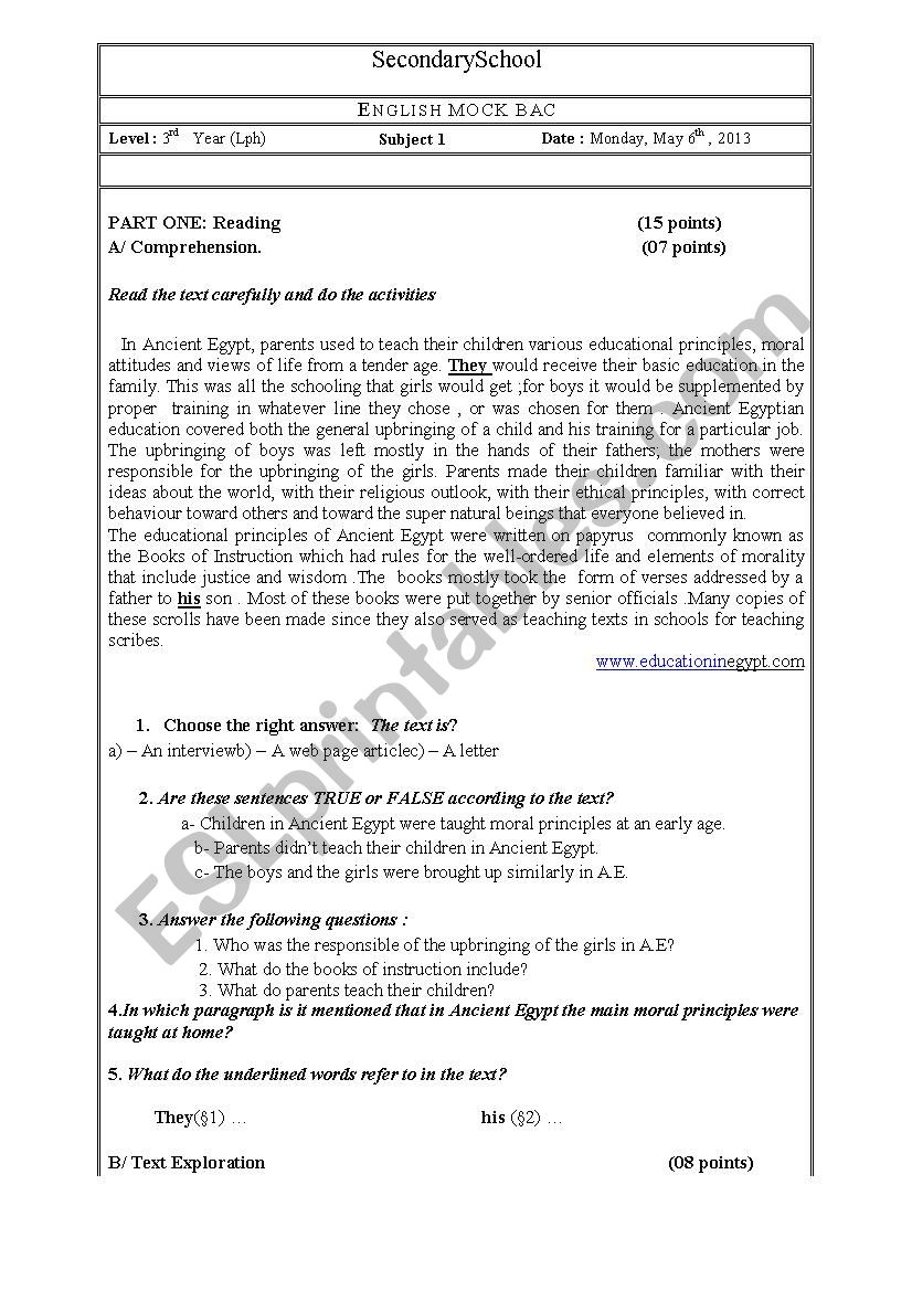 exam worksheet