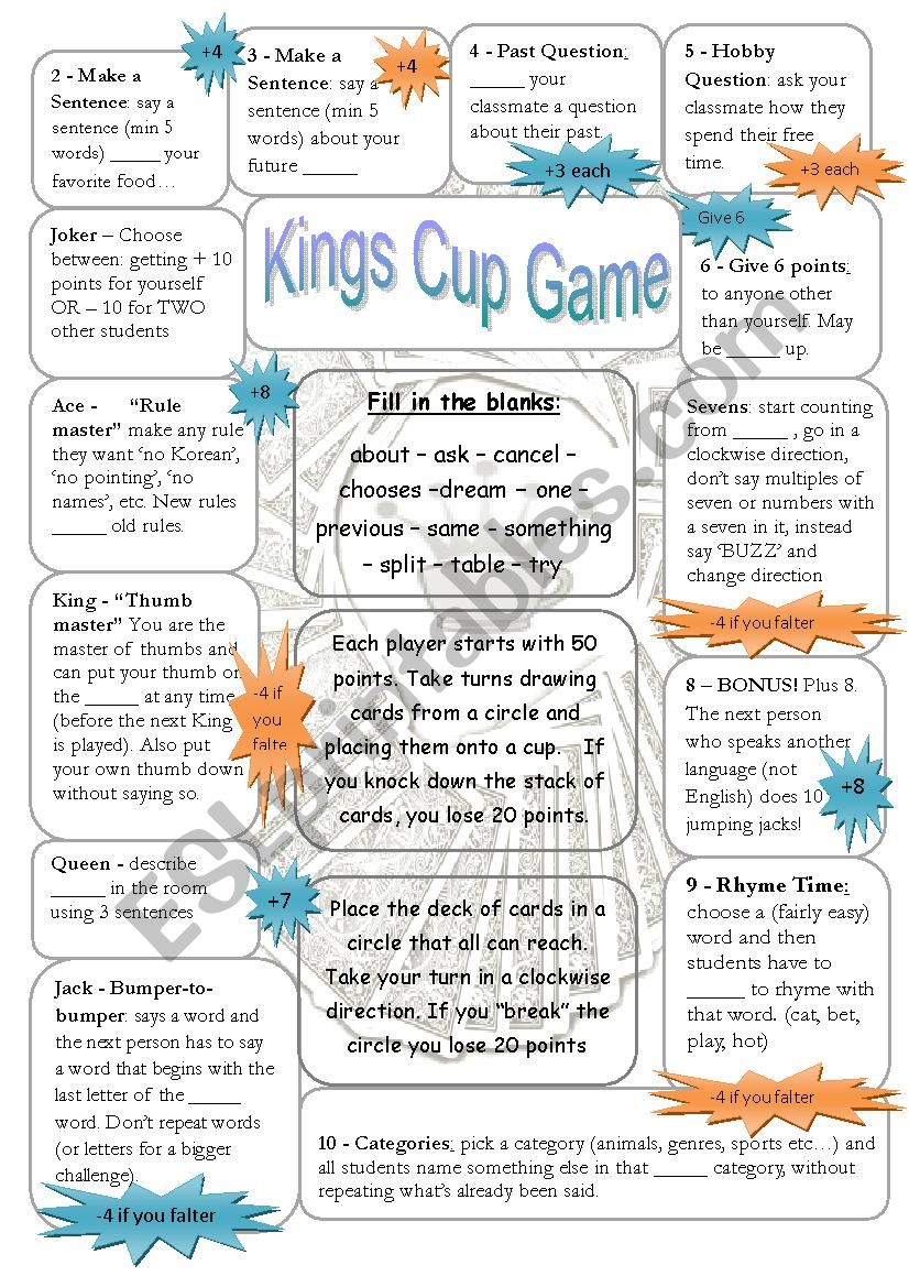 Kings Cup or Circle - Speaking Game - ESL worksheet by megaFREEdom