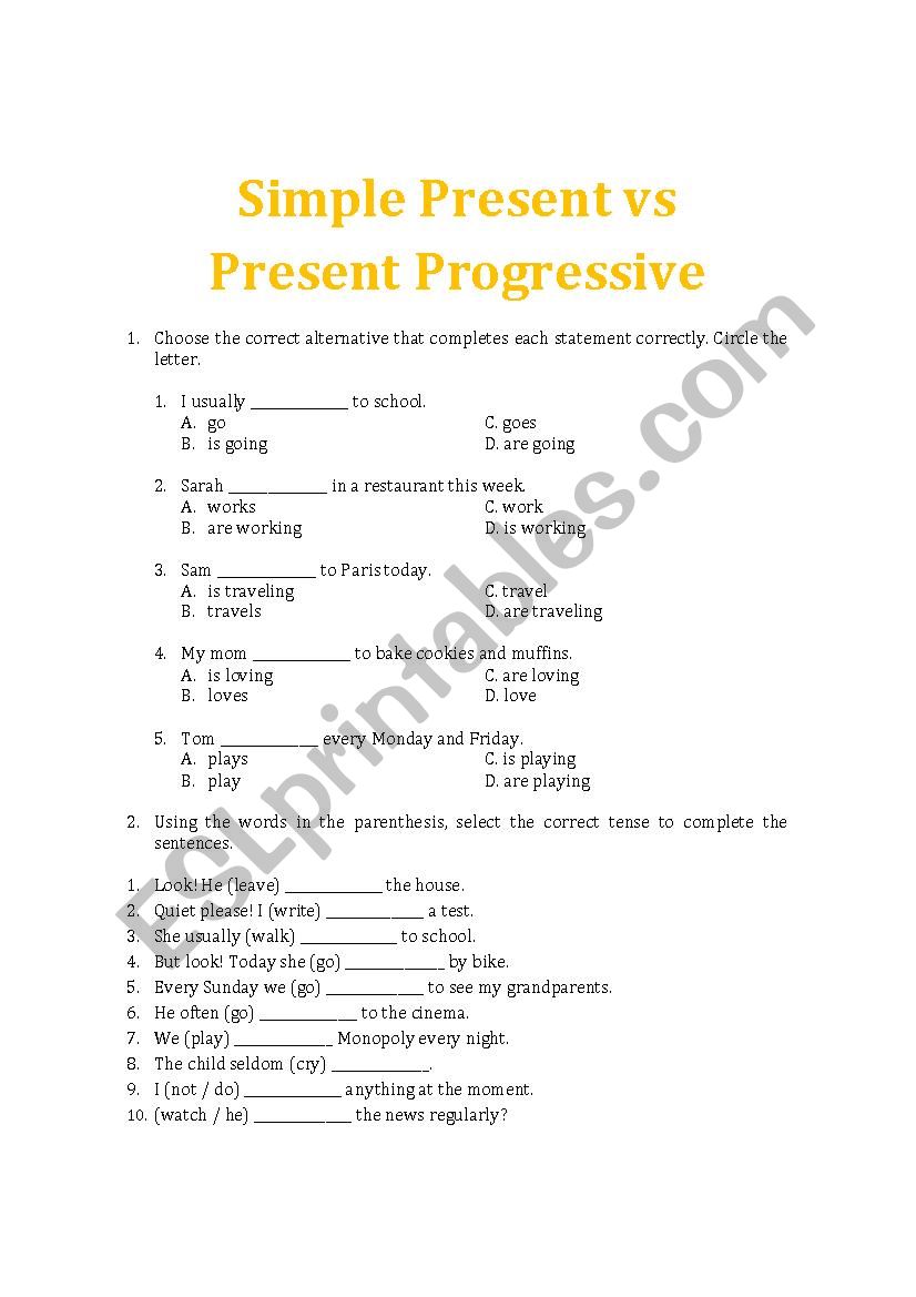 Simple Present vs Present Progressive - ESL worksheet by ramirez2291