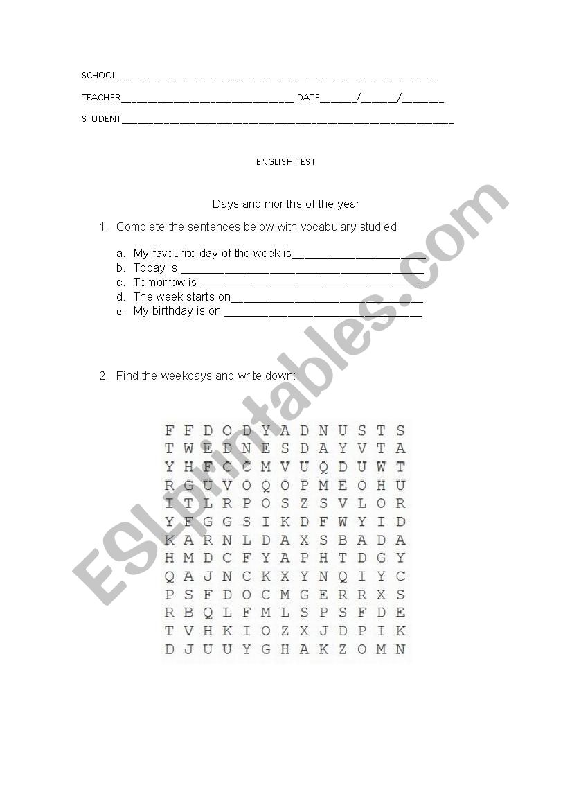 months of the year worksheet