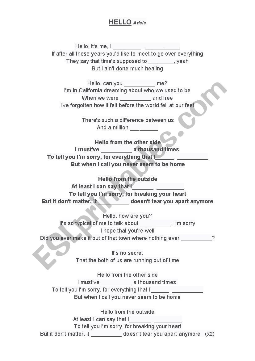 Song Hello by adele worksheet