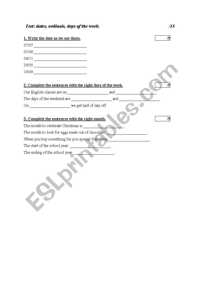 Dates and ordinals worksheet