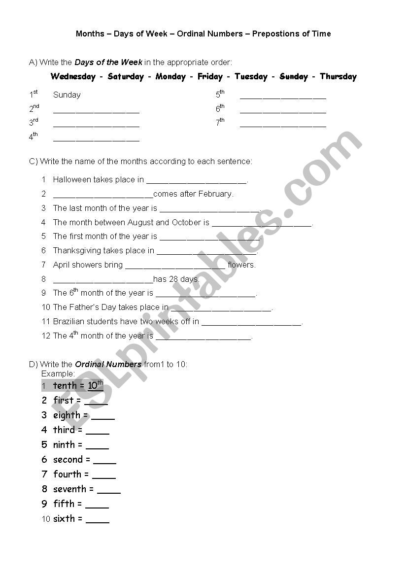 Months  Days of Week  Ordinal Numbers  Prepostions of Time
