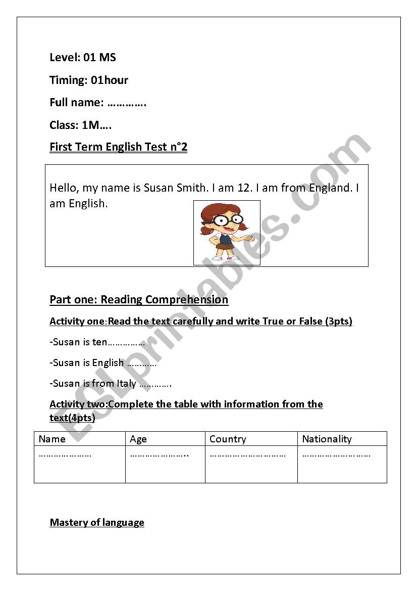 First Term English Test n2 worksheet