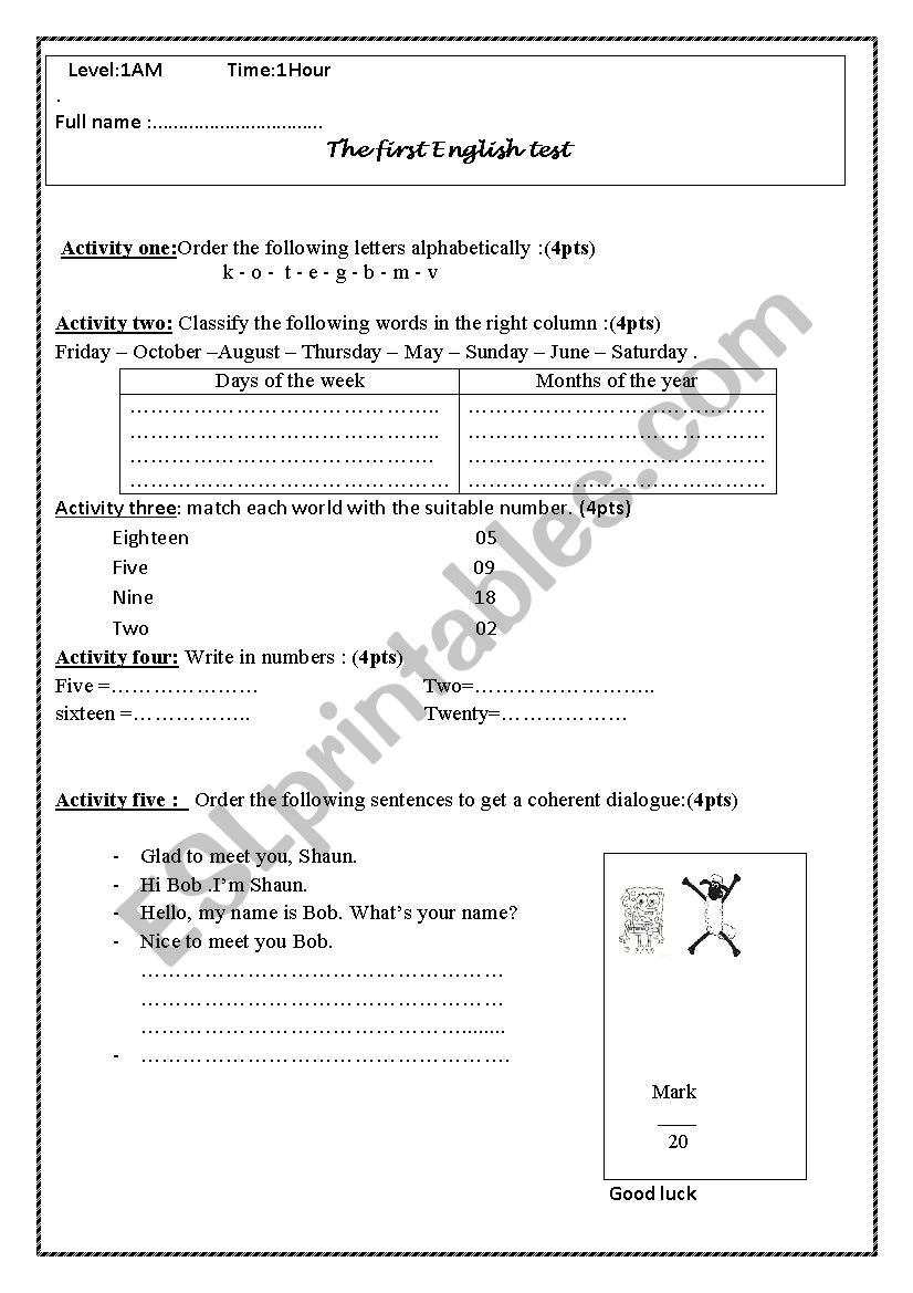 First Term English Test n2 worksheet