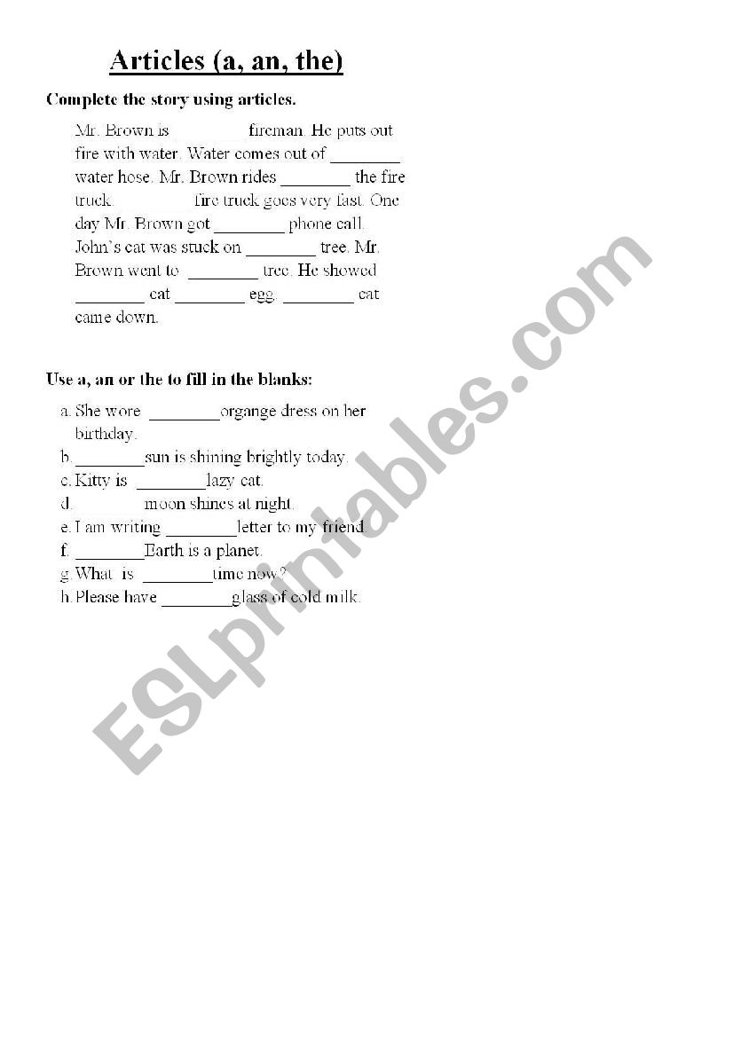 articles worksheet