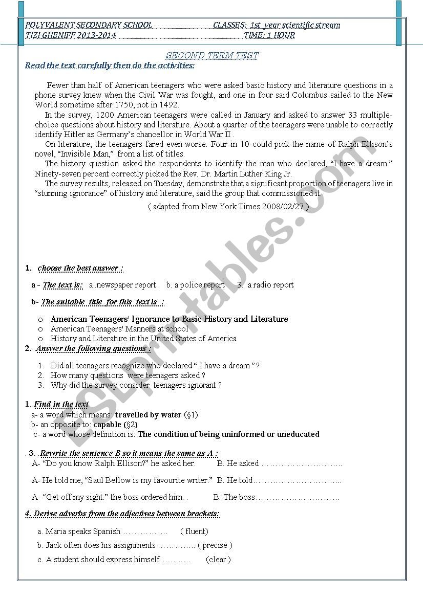 SECOND TERM TEST  worksheet