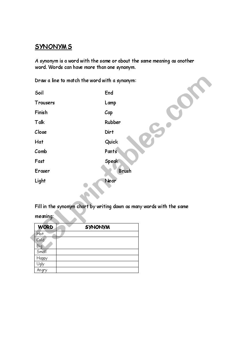 Worksheet - Synonyms worksheet