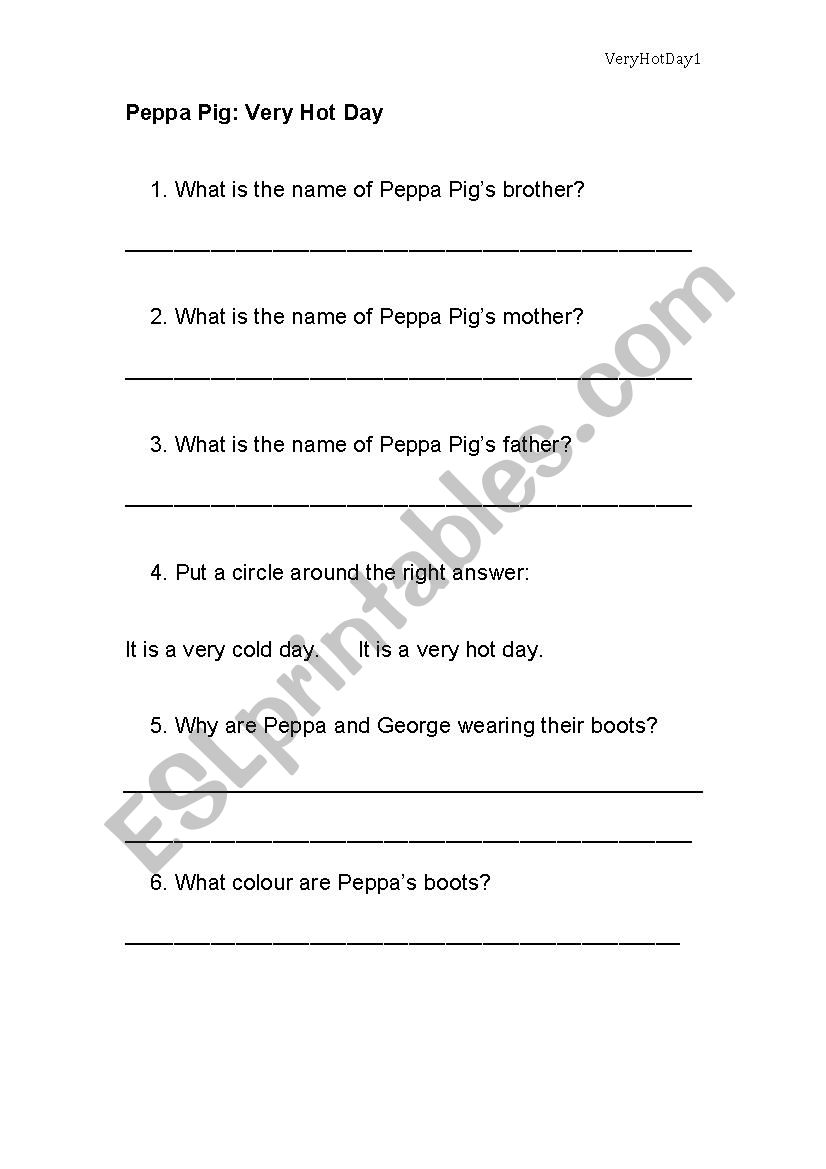 Peppa Pig-Very Hot Day - ESL worksheet by leilahall