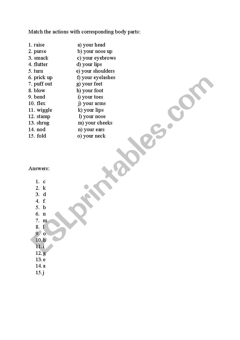 Body parts and action verbs worksheet