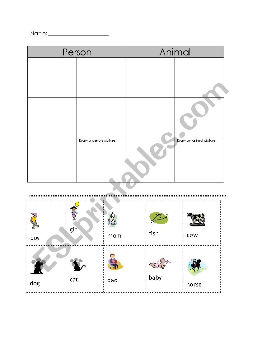 Animal or Person sort worksheet