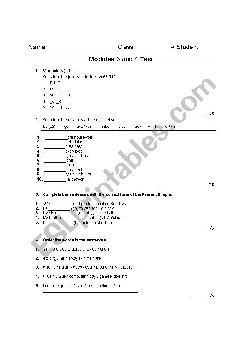 test worksheet