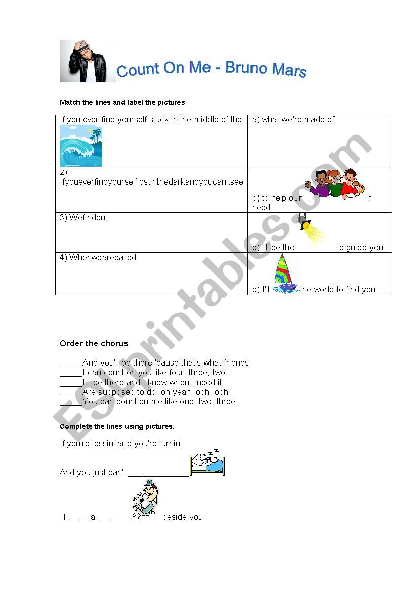 Сount on me Bruno Mars worksheet