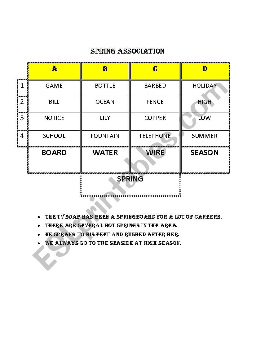 Spring association game worksheet