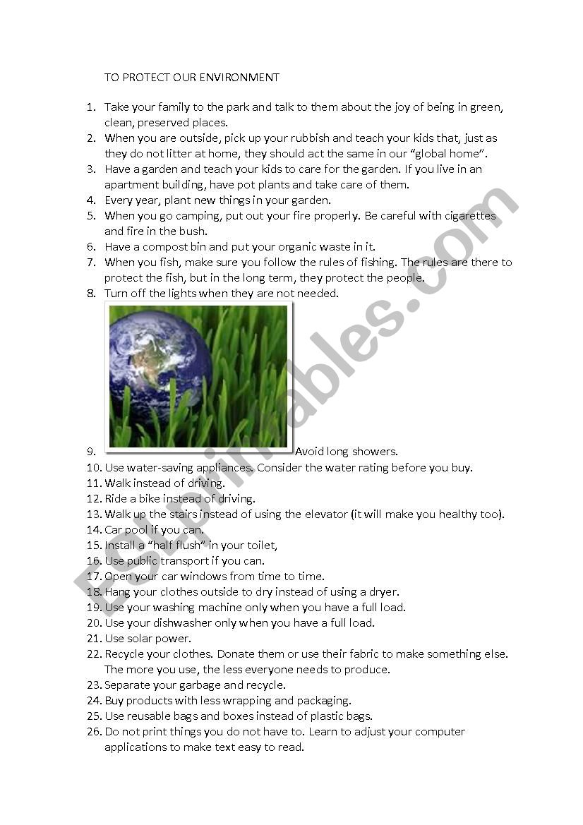 TO PROTECT OUR ENVIRONMENT worksheet