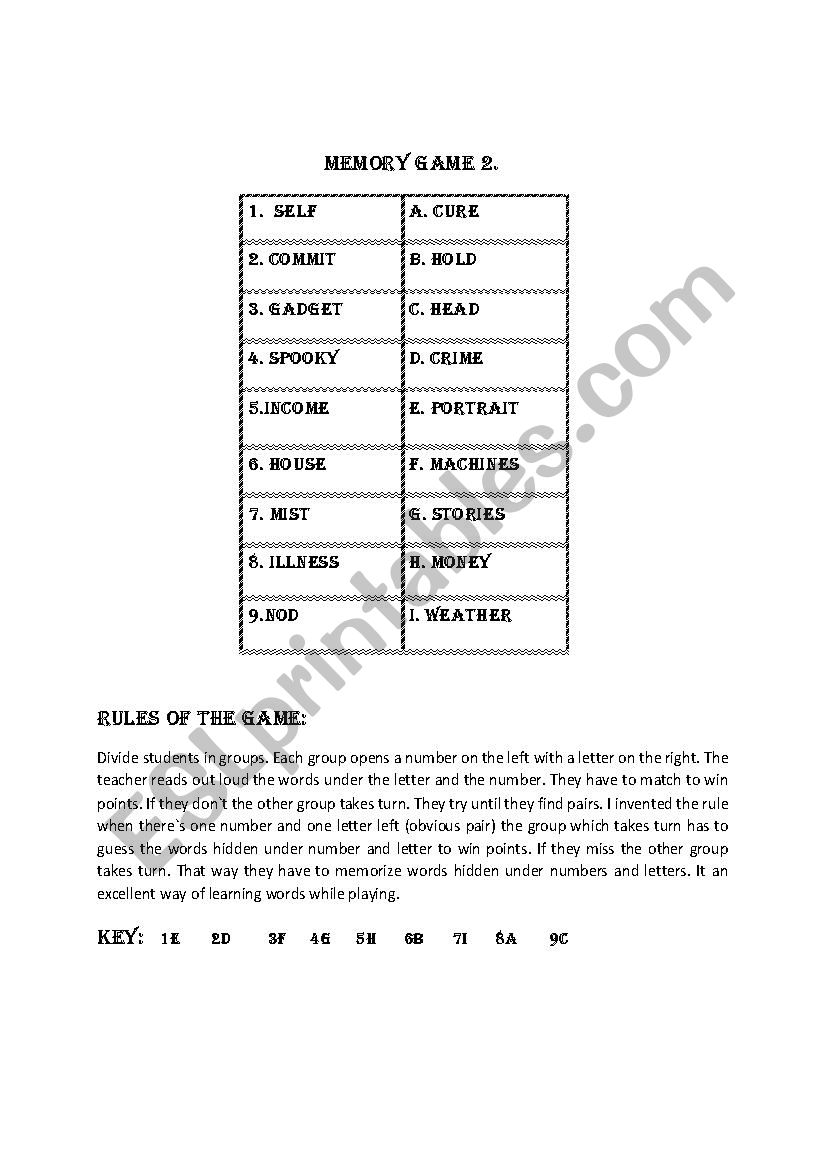 Memory game 2. worksheet