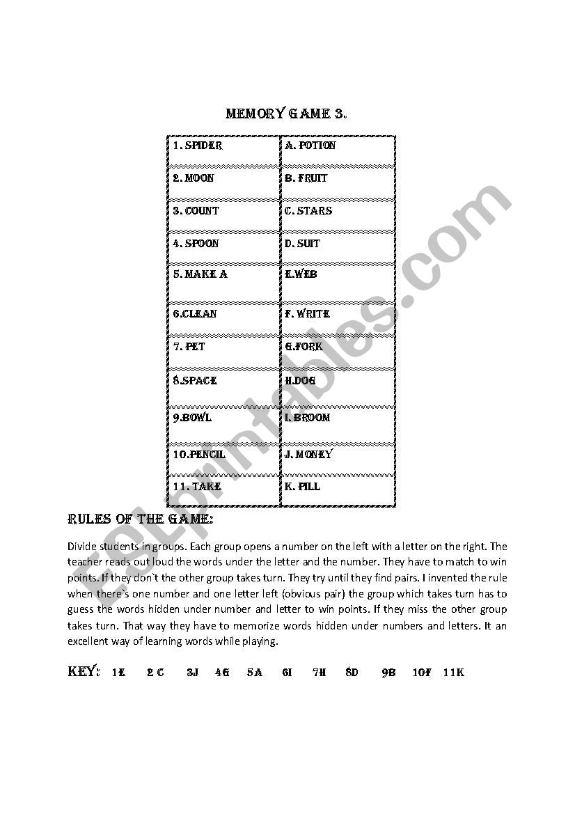 Memory game 3. worksheet