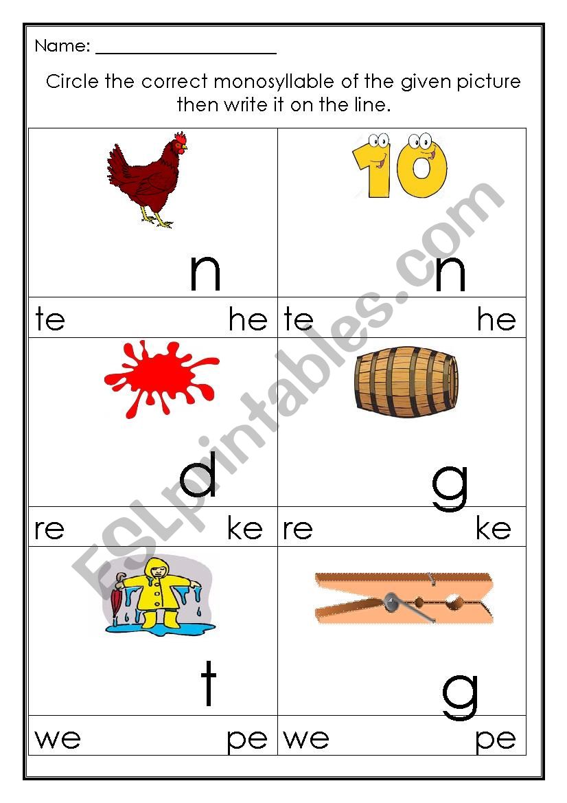 Monosyllable with e sound worksheet