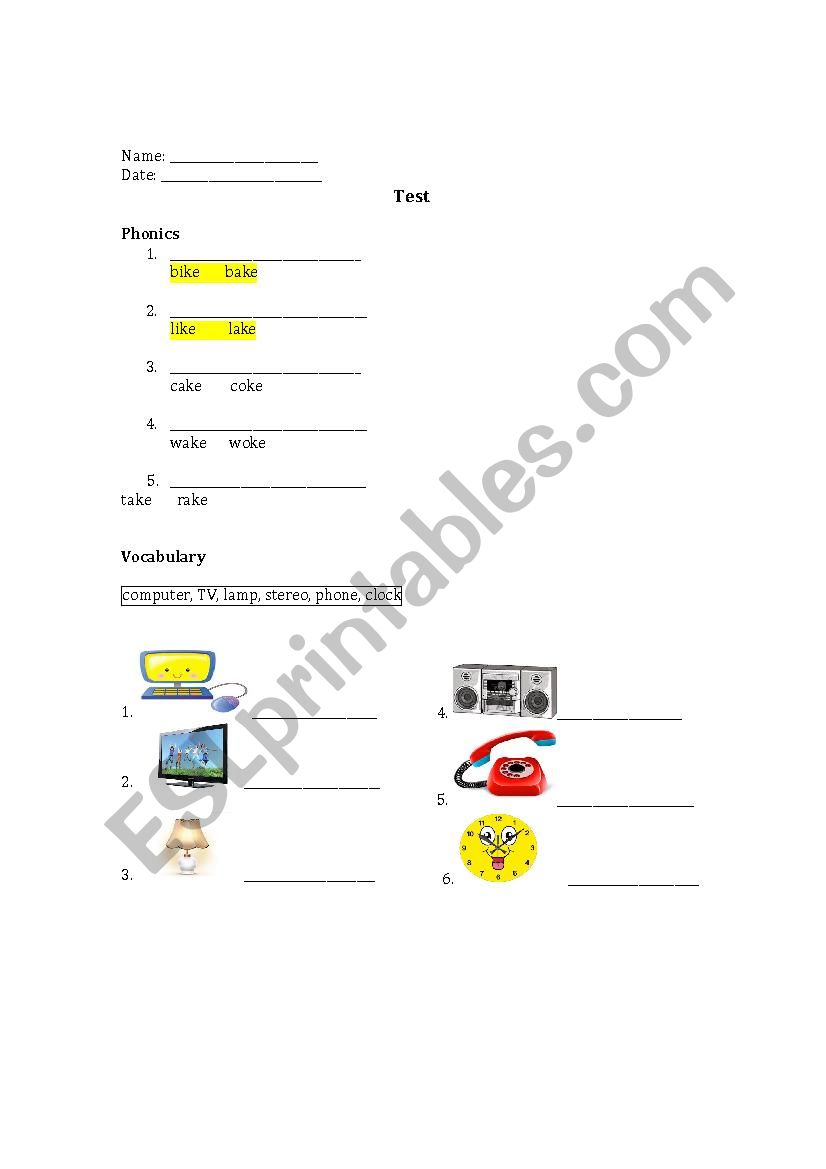 Test for vocabulary and phonics