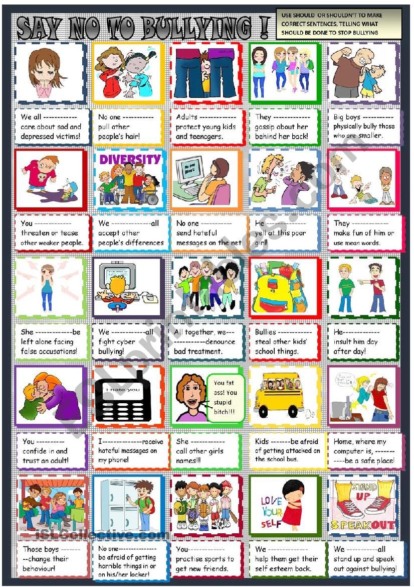 Say no to bullying with practice of should shouldn´t - ESL worksheet by ...