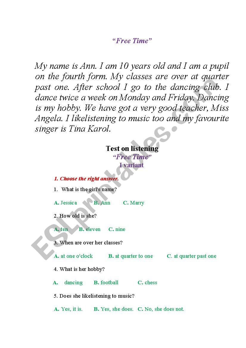 Free time  text and tests worksheet