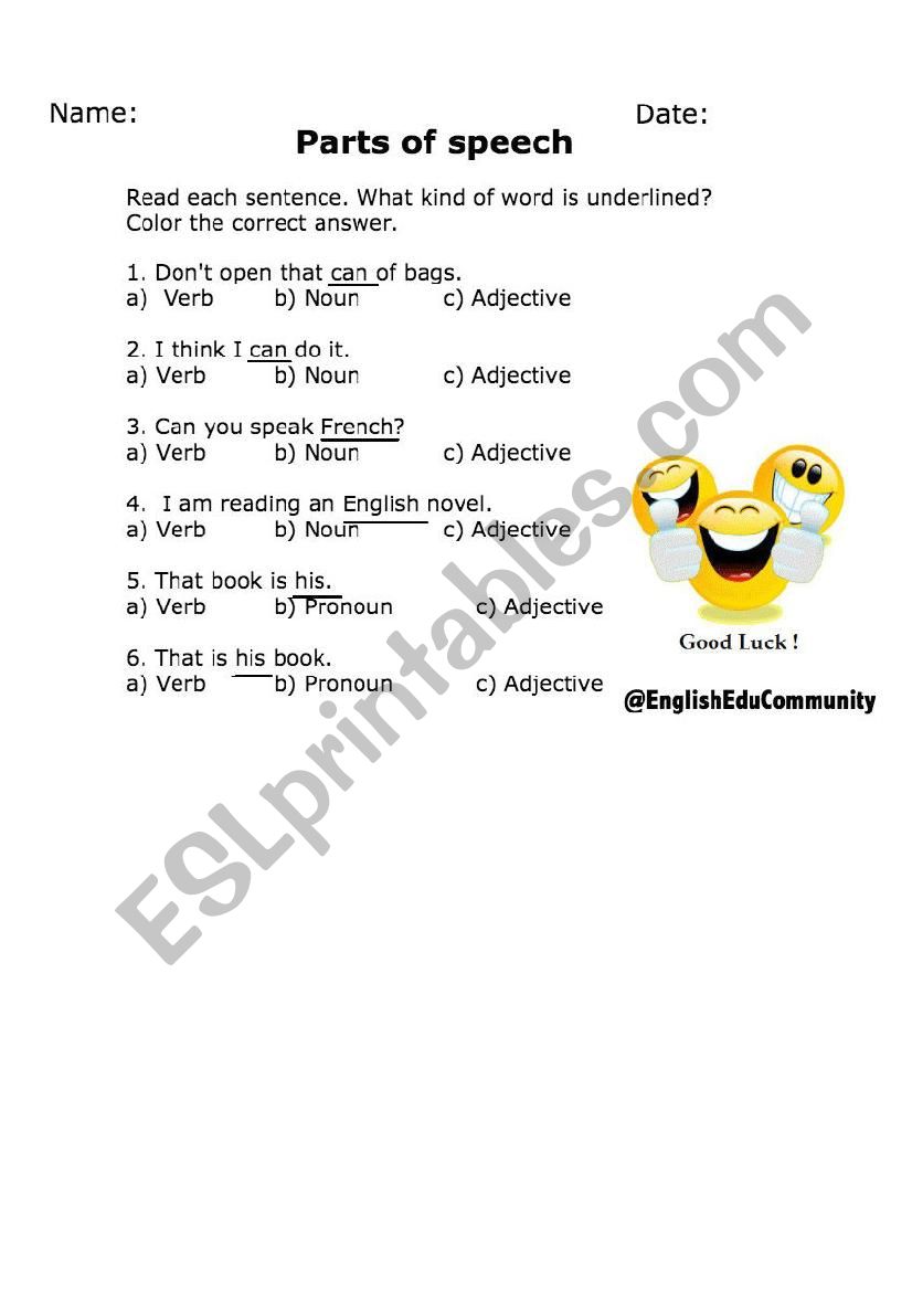 Parts of Speech worksheet