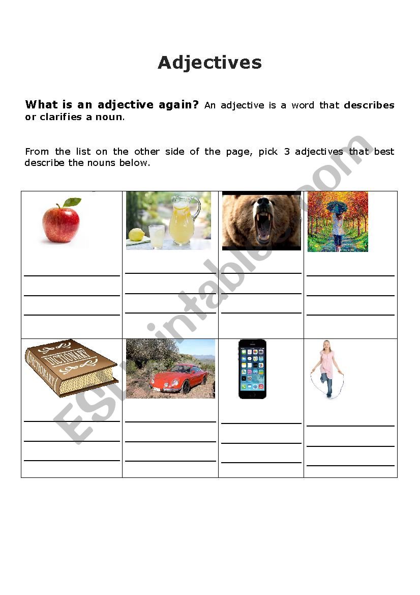 Adjective Association worksheet