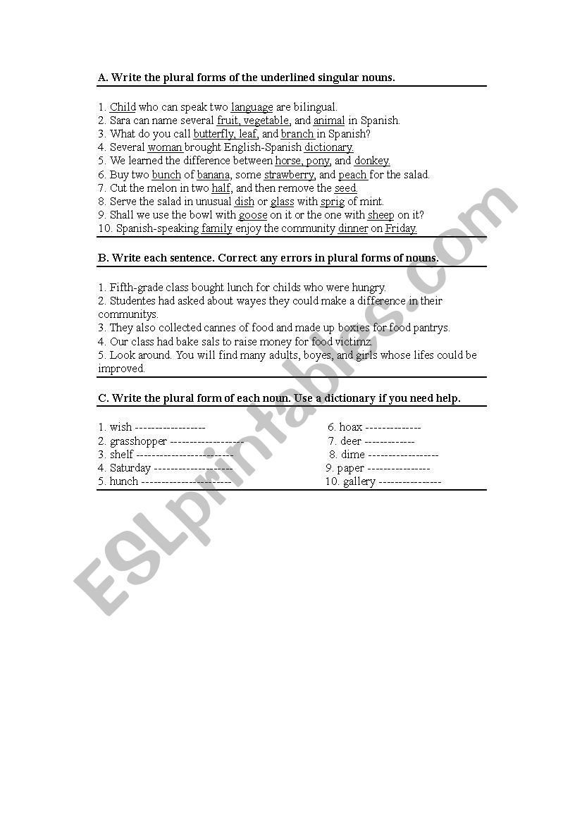 exercises for singular and plural nouns