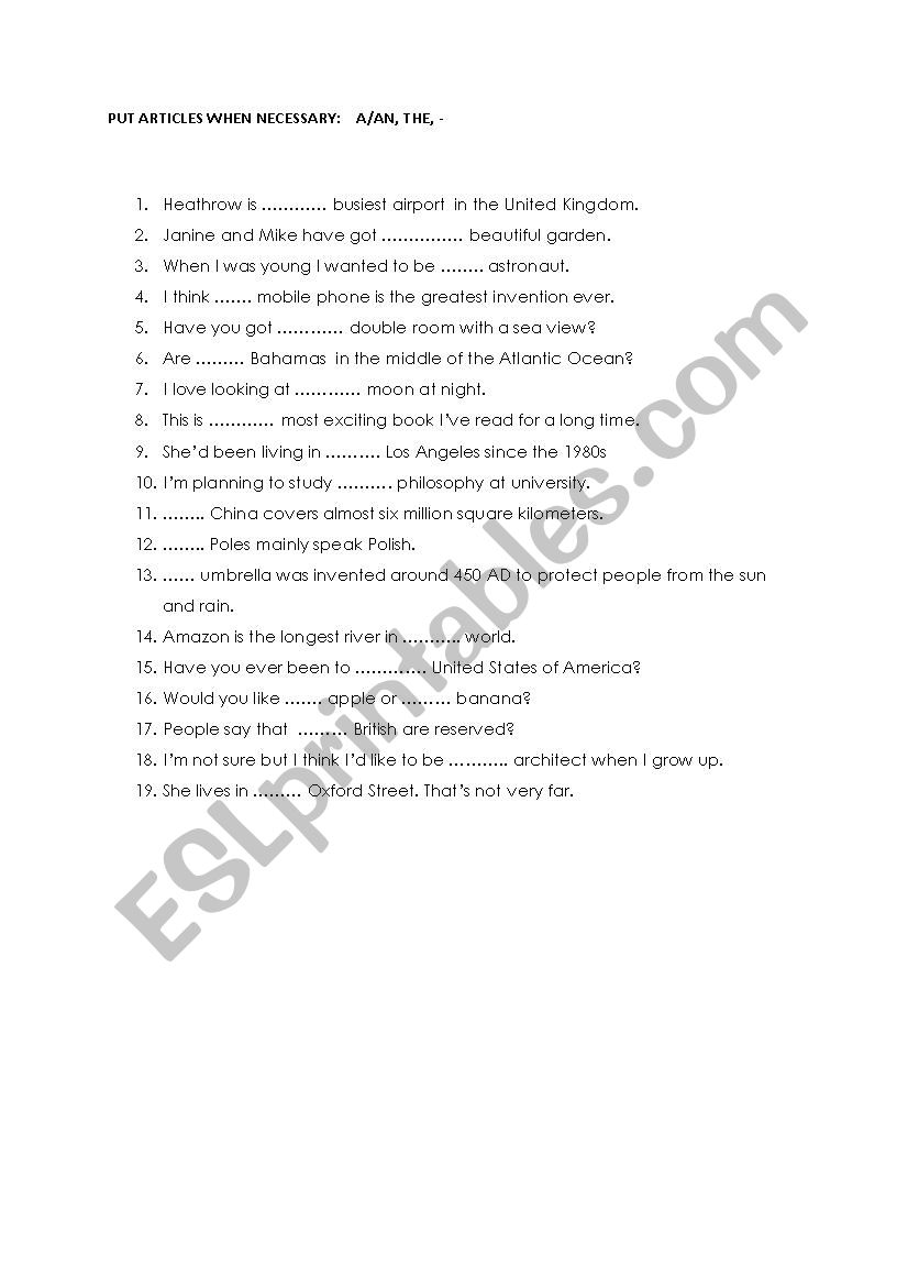 Articles worksheet