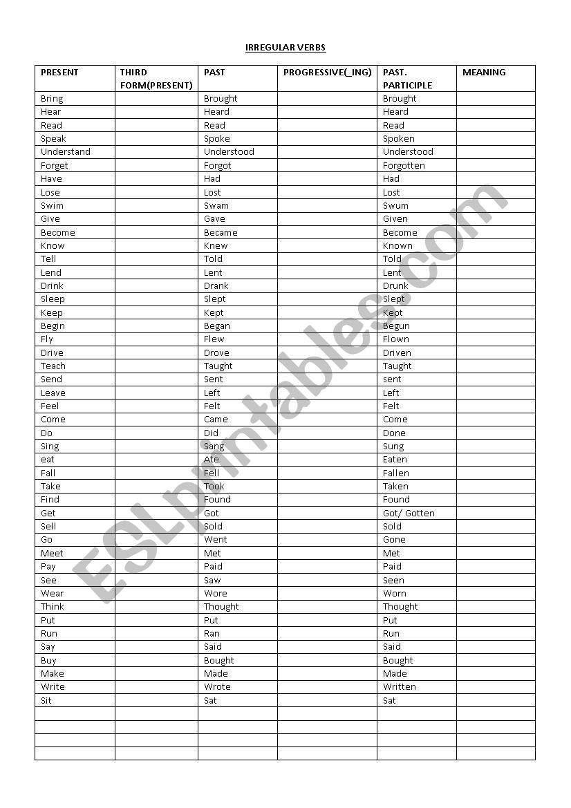 IRREGULAR AND REGULAR VERBS worksheet