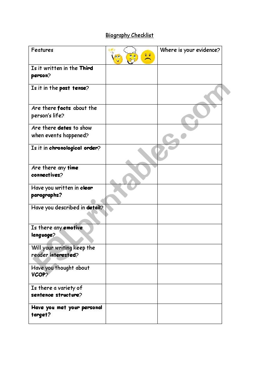 Writing a biography checklist worksheet