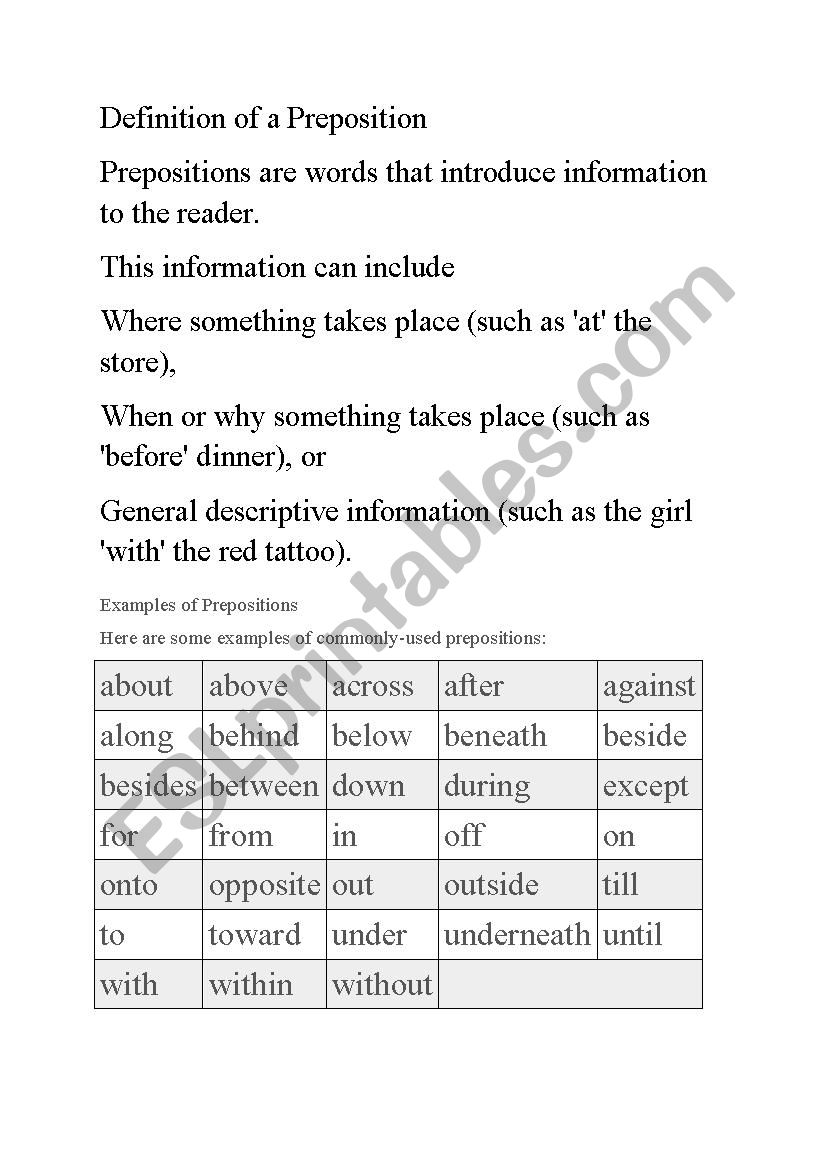 Prepositions worksheet