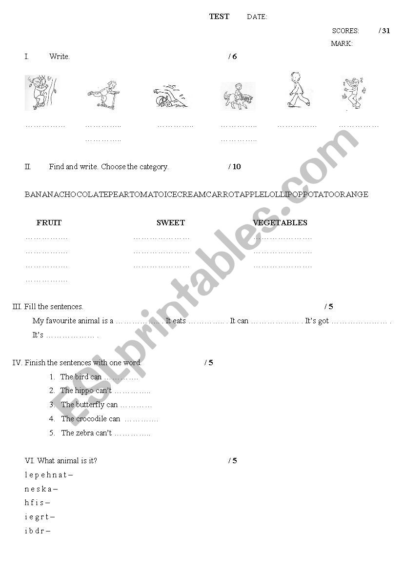 Test (can/cant) worksheet
